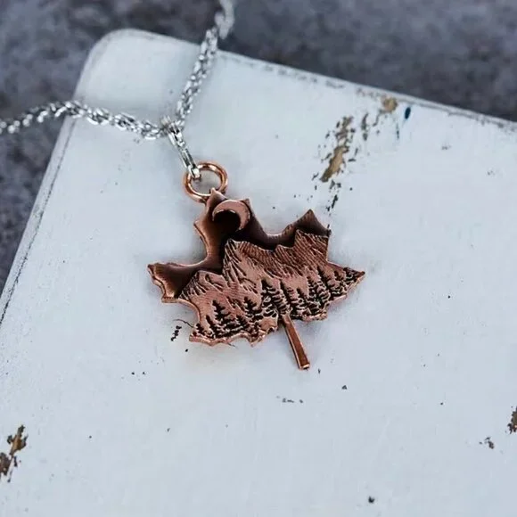 Maple Leaf Pendant Necklace with Mountains and Moon #1124 - Picture 6 of 8